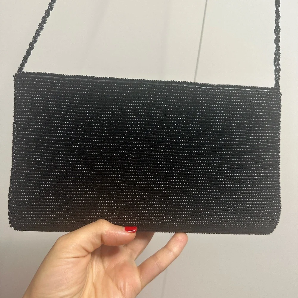 Vintage Black Fully Beaded Evening Bag, Handmade, Satin Lined, Shoulder Strap